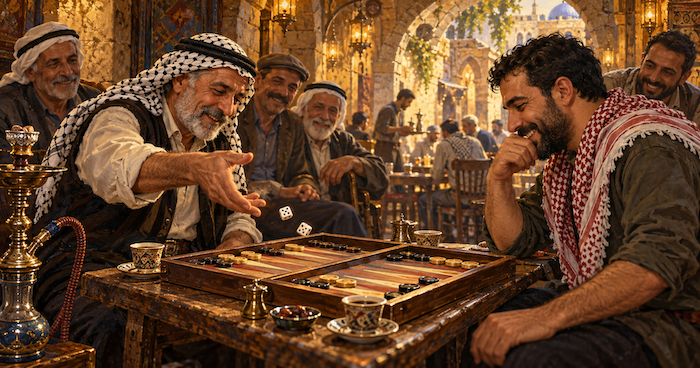 لاعبان يلعبان طاولة الزهر في مقهى قديم