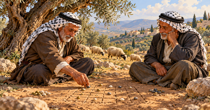 رجلان مسنان يلعبان السيجة في التراب
