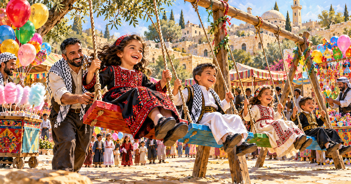 أطفال فلسطينيون يركبون مراجيح العيد