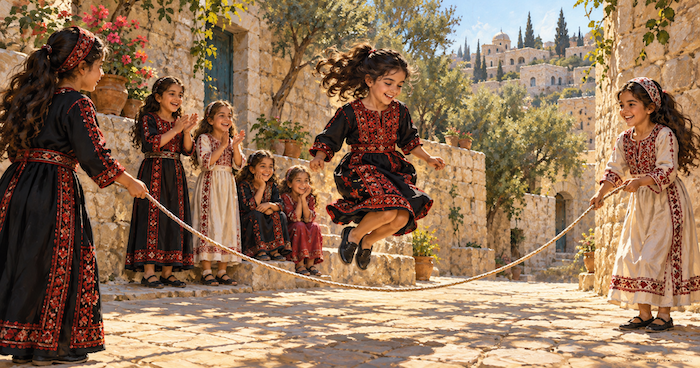 بنات فلسطينيات يلعبن نط الحبل