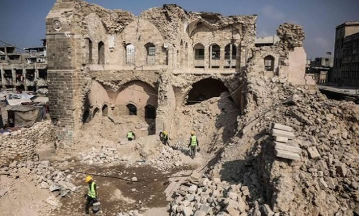 The ruins of the Great Omari Mosque in Gaza after an Israeli strike in December 2023