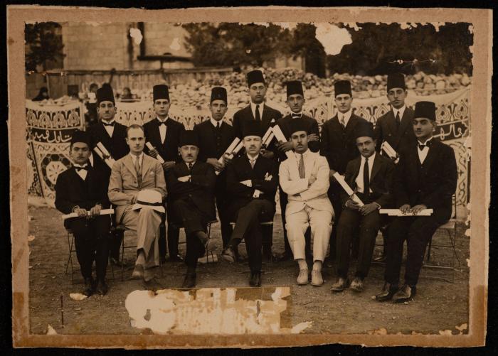 Group photo of Arab College students in Jerusalem in 1929, with the college principal Ahmad Samih al-Khalidi in the center