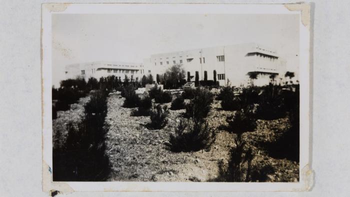 Part of the Arab College building in Jerusalem seen from the western pine grove in 1945
