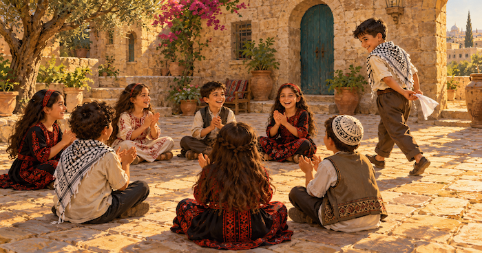 أطفال يجلسون في دائرة يلعبون طاق طاق طاقية