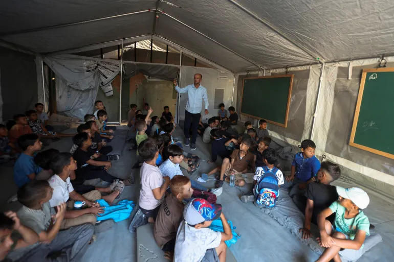 A destroyed UN-run school in the Shati refugee camp in Gaza City on the first day of the 2026/2027 school year