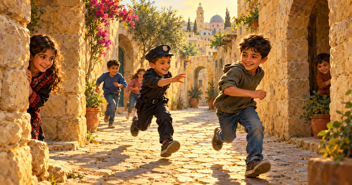 أطفال فلسطينيون يلعبون عسكر وحرامية بين أزقة الحارة